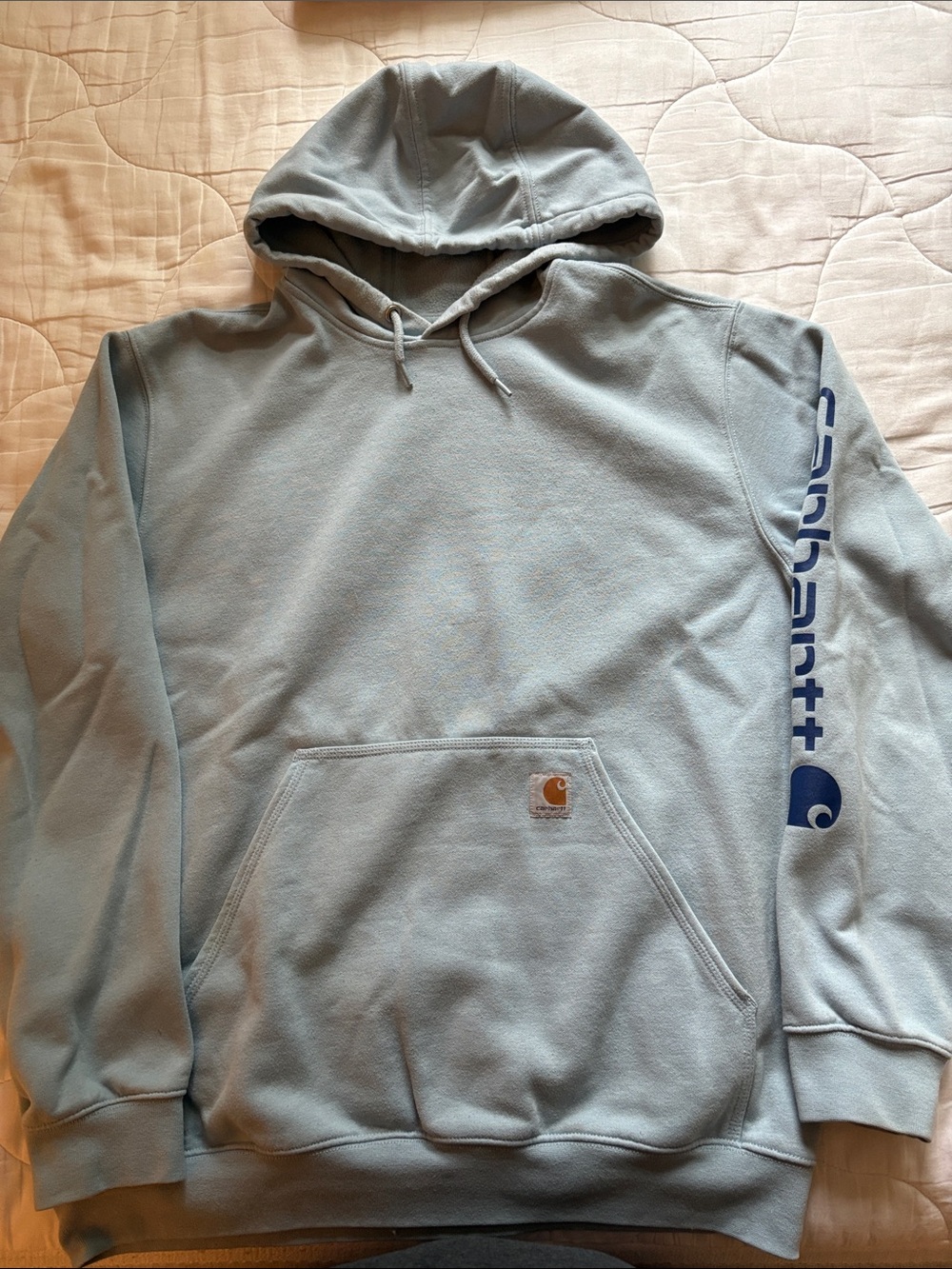 Carhartt Men’s Light Blue Pullover Hoodie with Sleeve Logo